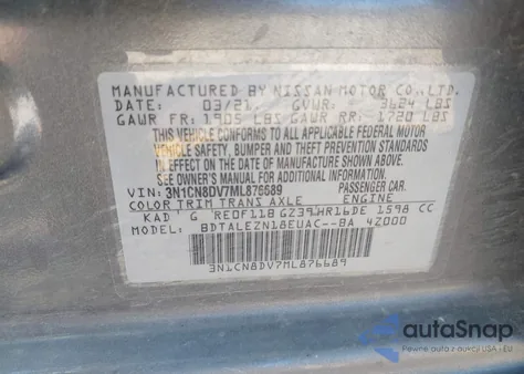 2021 Nissan Versa S Xtronic Cvt z USA, uszkodzony, nr VIN 3N1CN8DV7ML876689